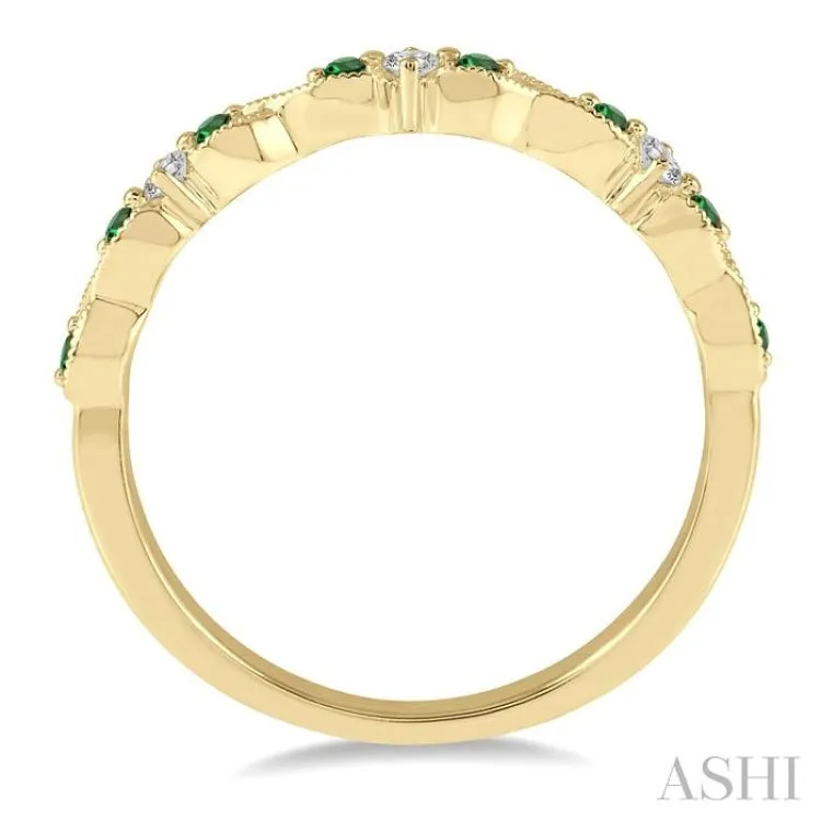 1/10 Ctw Round Cut Diamond and 1.25mm Emerald Precious Wedding Band in 14K Yellow Gold