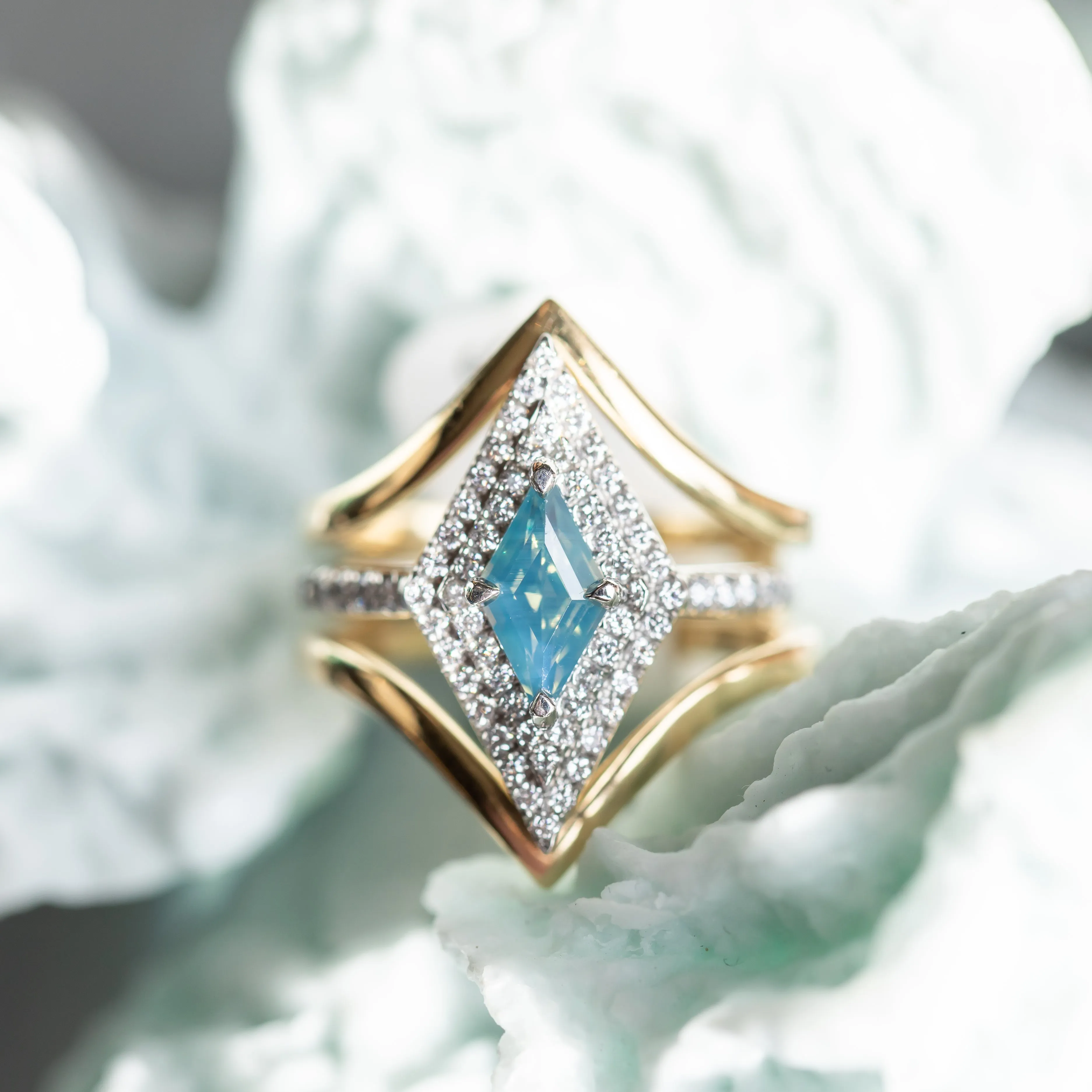 1.12ct Kite Shaped Opalescent Teal Sapphire Double Diamond Halo Ring in Platinum