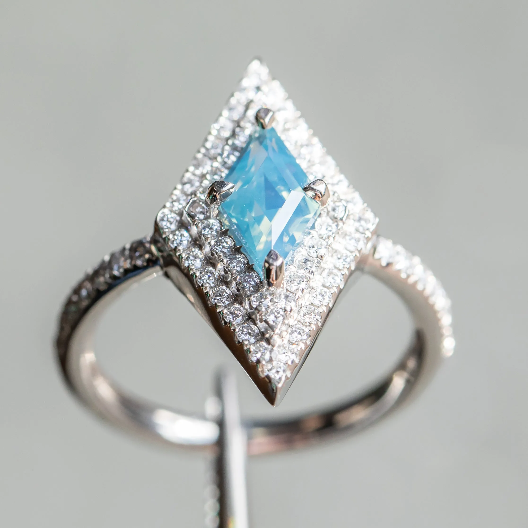 1.12ct Kite Shaped Opalescent Teal Sapphire Double Diamond Halo Ring in Platinum