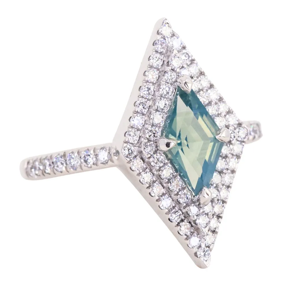 1.12ct Kite Shaped Opalescent Teal Sapphire Double Diamond Halo Ring in Platinum