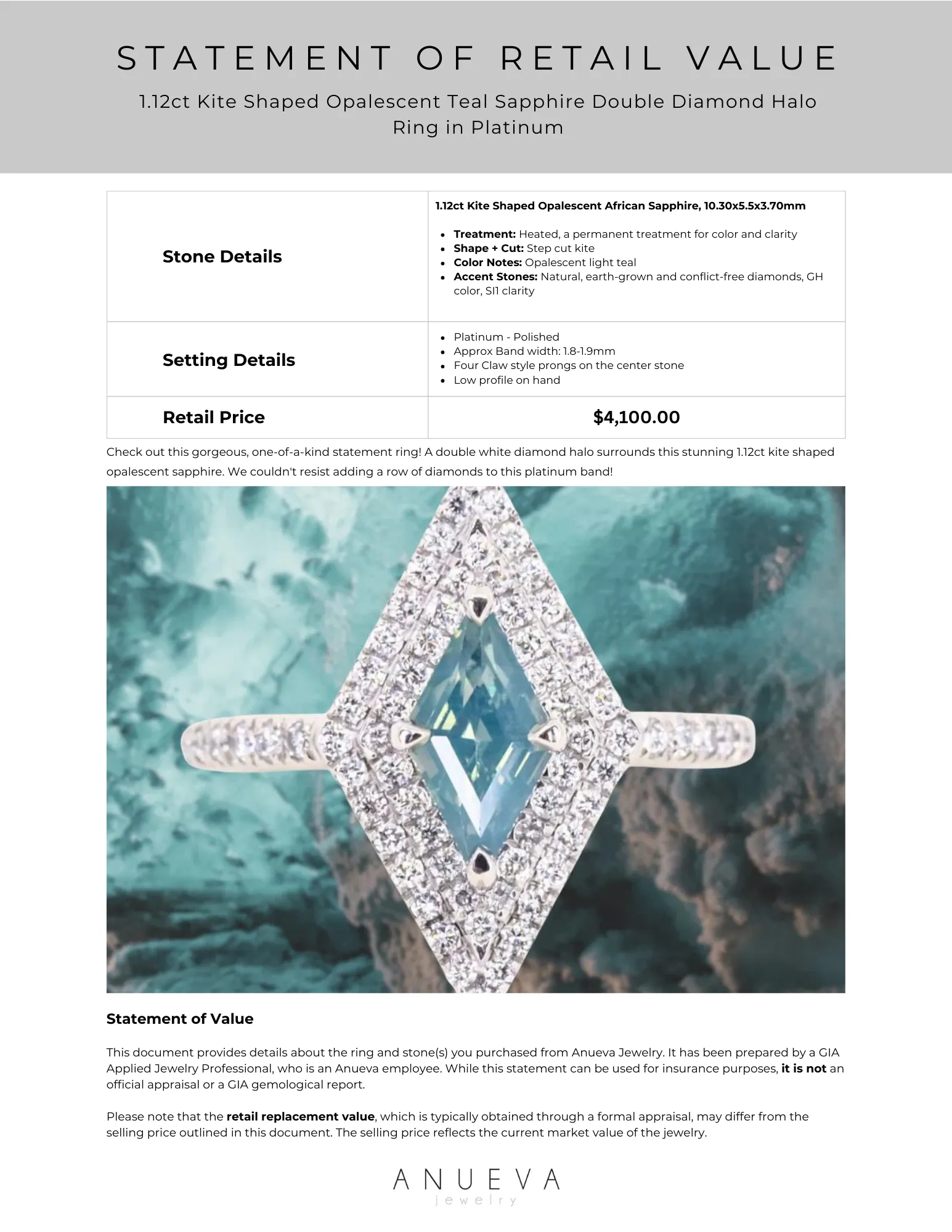 1.12ct Kite Shaped Opalescent Teal Sapphire Double Diamond Halo Ring in Platinum