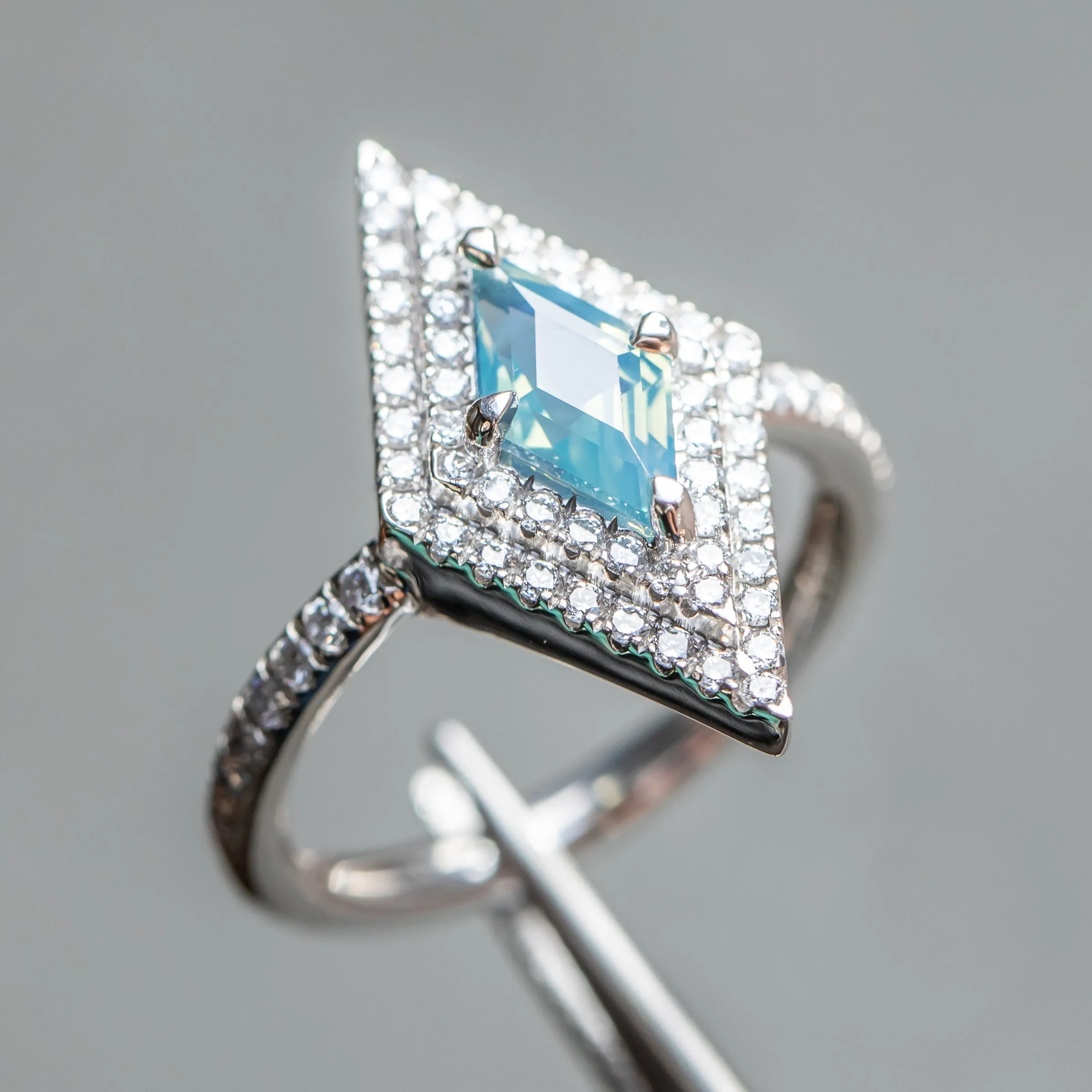 1.12ct Kite Shaped Opalescent Teal Sapphire Double Diamond Halo Ring in Platinum