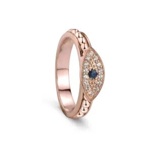 14 KT Pink Gold Fidget Ring with Evil Eye and Blue Sapphire