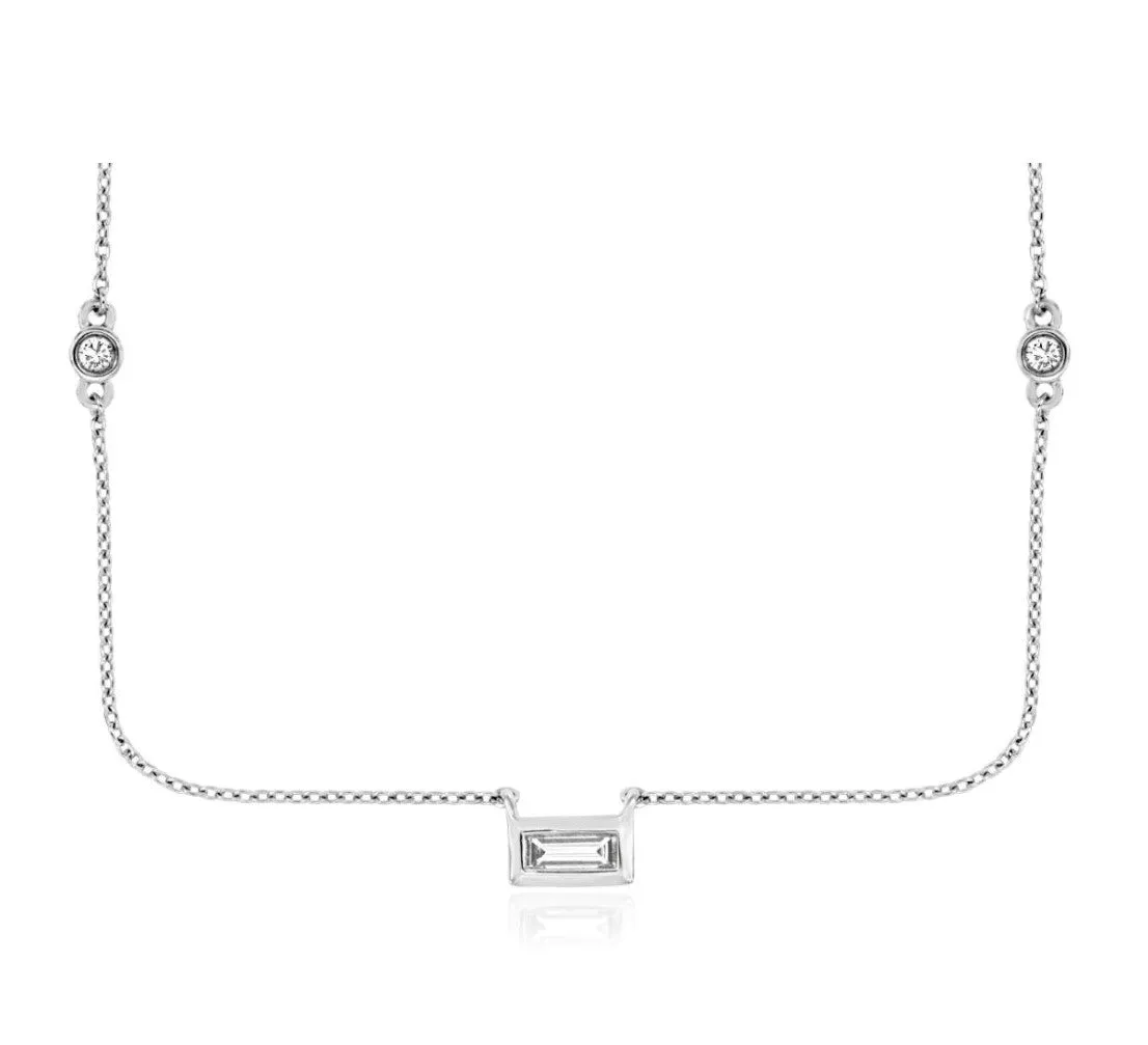 14k white gold center diamond baguette and round stations 16" necklace