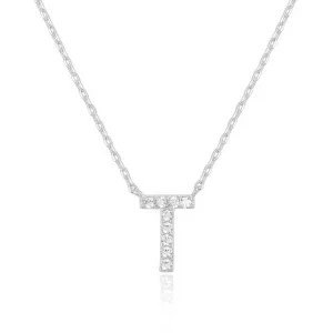 14k White Gold Created Diamond Initial T Letter Pendant Necklace Plated