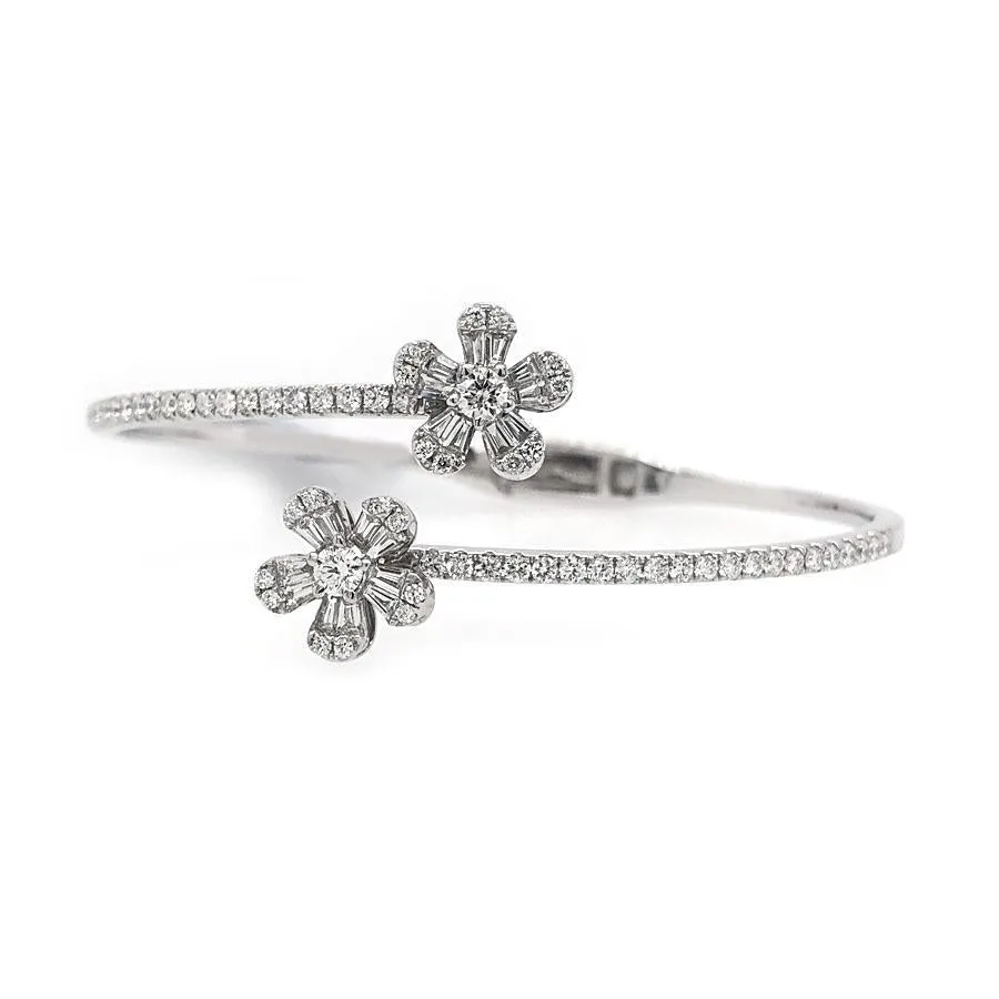 14k White Gold Diamond Flower Bangle