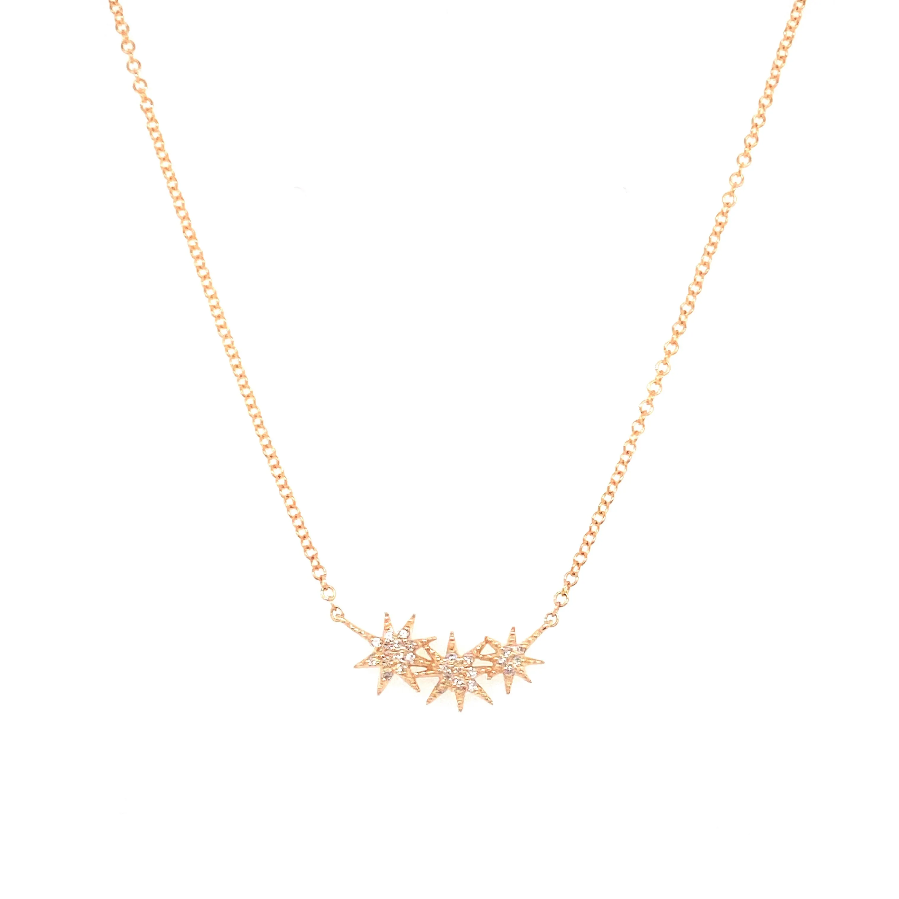 14K Yellow Gold Diamond Three Star Necklace