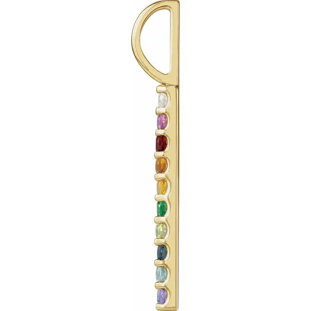 14K Yellow Gold Natural Multi-Gemstone Rainbow Bar Pendant/Charm