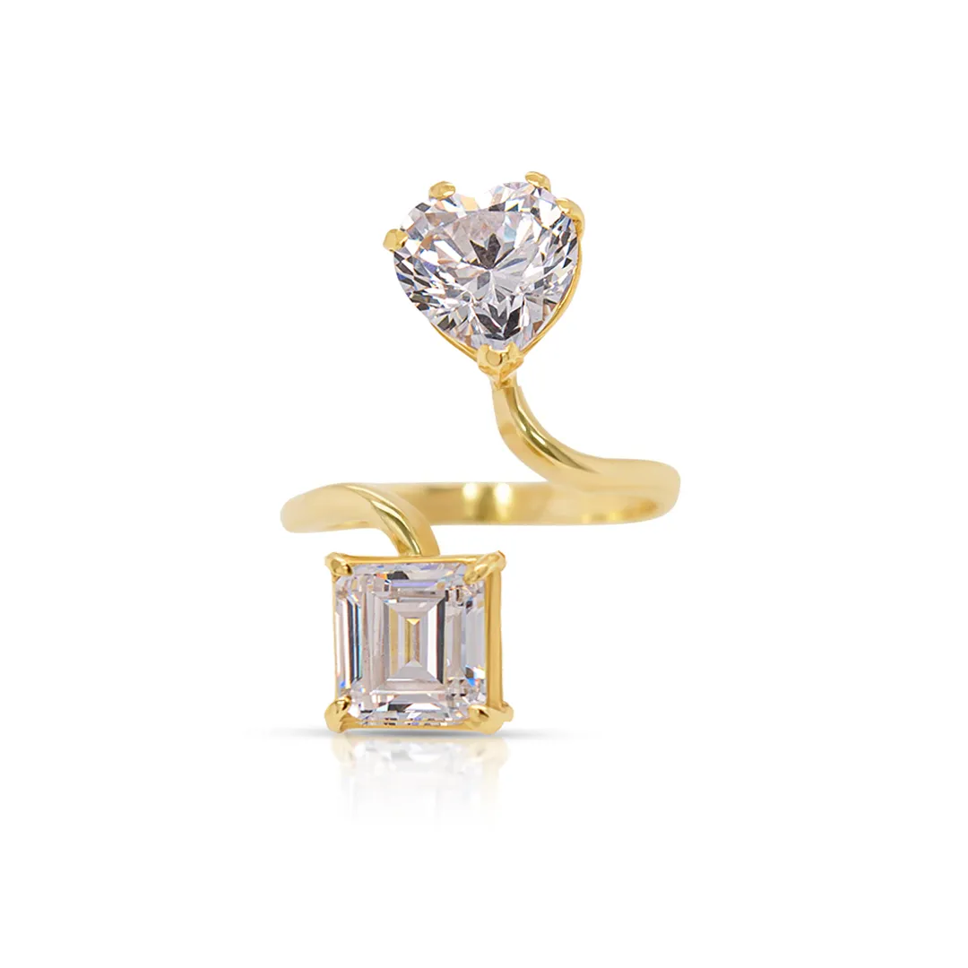 14K Yellow Gold White Heart and Princess Cut Gemstones Adjustable Ring