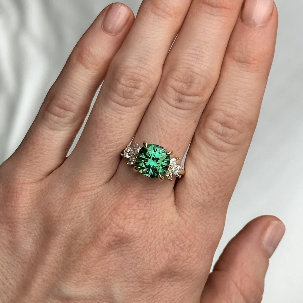 4.21ct Green Tourmaline and Lab Grown Marquise Diamond Cluster Ring in 14k Yellow Gold