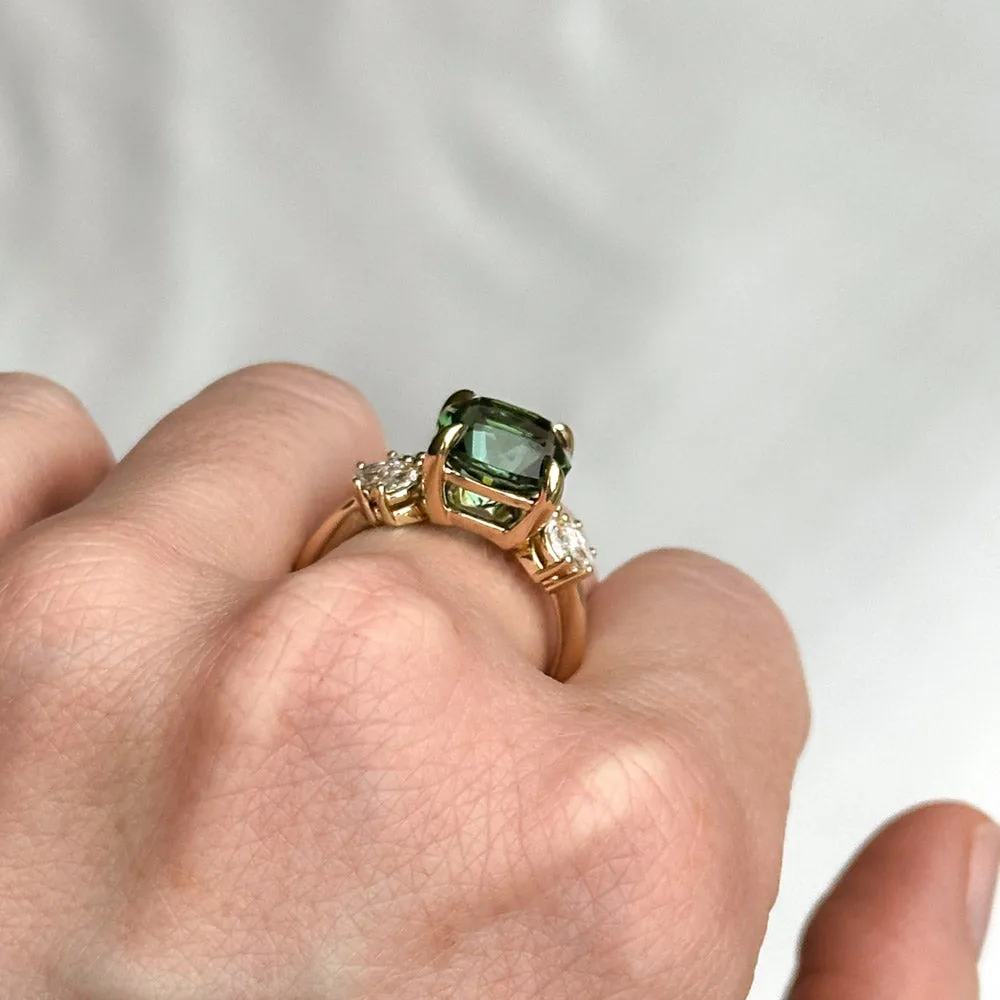 4.21ct Green Tourmaline and Lab Grown Marquise Diamond Cluster Ring in 14k Yellow Gold