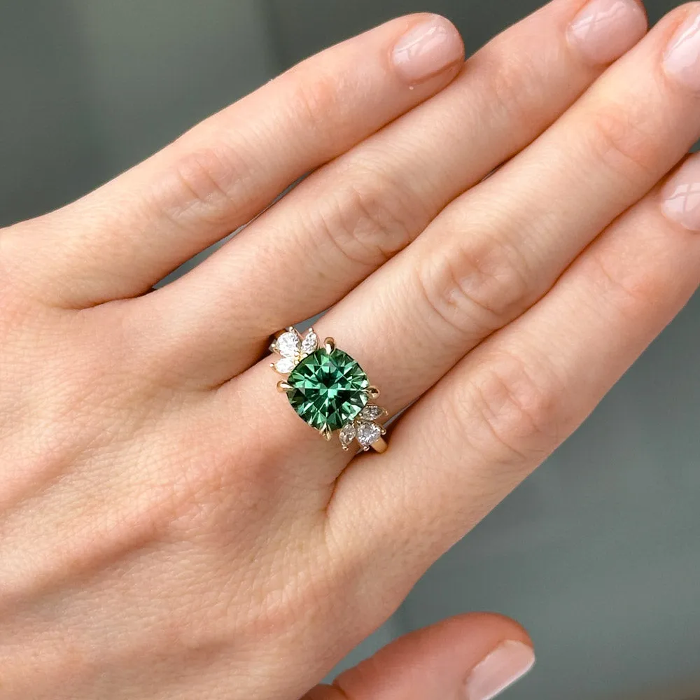 4.21ct Green Tourmaline and Lab Grown Marquise Diamond Cluster Ring in 14k Yellow Gold