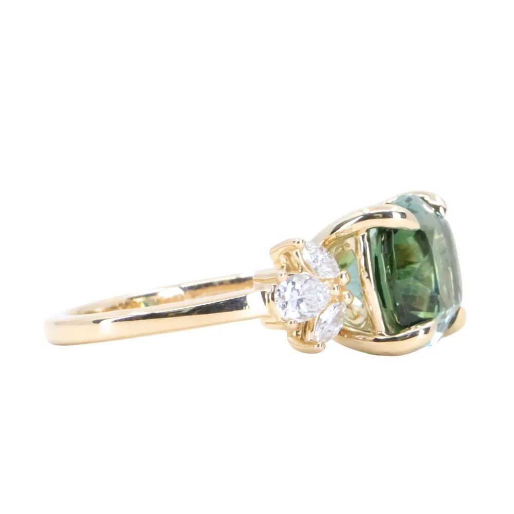 4.21ct Green Tourmaline and Lab Grown Marquise Diamond Cluster Ring in 14k Yellow Gold