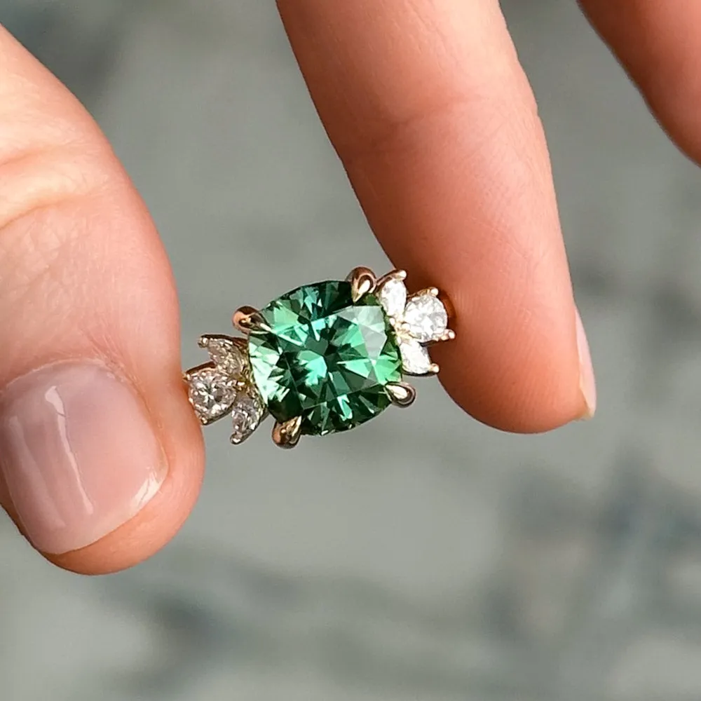 4.21ct Green Tourmaline and Lab Grown Marquise Diamond Cluster Ring in 14k Yellow Gold