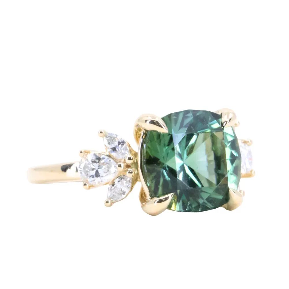 4.21ct Green Tourmaline and Lab Grown Marquise Diamond Cluster Ring in 14k Yellow Gold