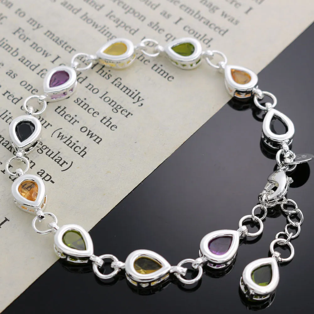 925 Sterling Crystal Silver Colored Stone Zircon Water Droplet Bracelet for Women