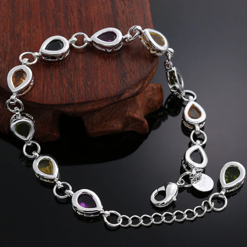 925 Sterling Crystal Silver Colored Stone Zircon Water Droplet Bracelet for Women