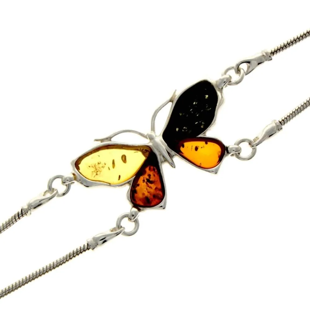 925 Sterling Silver & Genuine Baltic Amber Snake Chain Butterfly Exclusive Bracelet - AD501