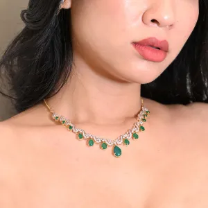 9K YG Princess Diamond, Green Stone Necklace-1pc