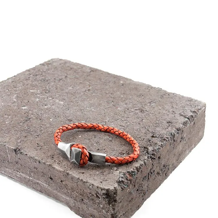 AMBER RED ALDERNEY SILVER AND BRAIDED LEATHER BRACELET