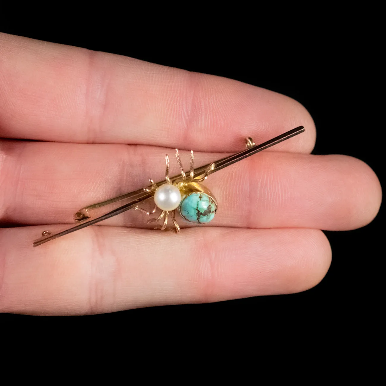 Antique Edwardian Pearl Turquoise Spider Bar Brooch 9ct Gold