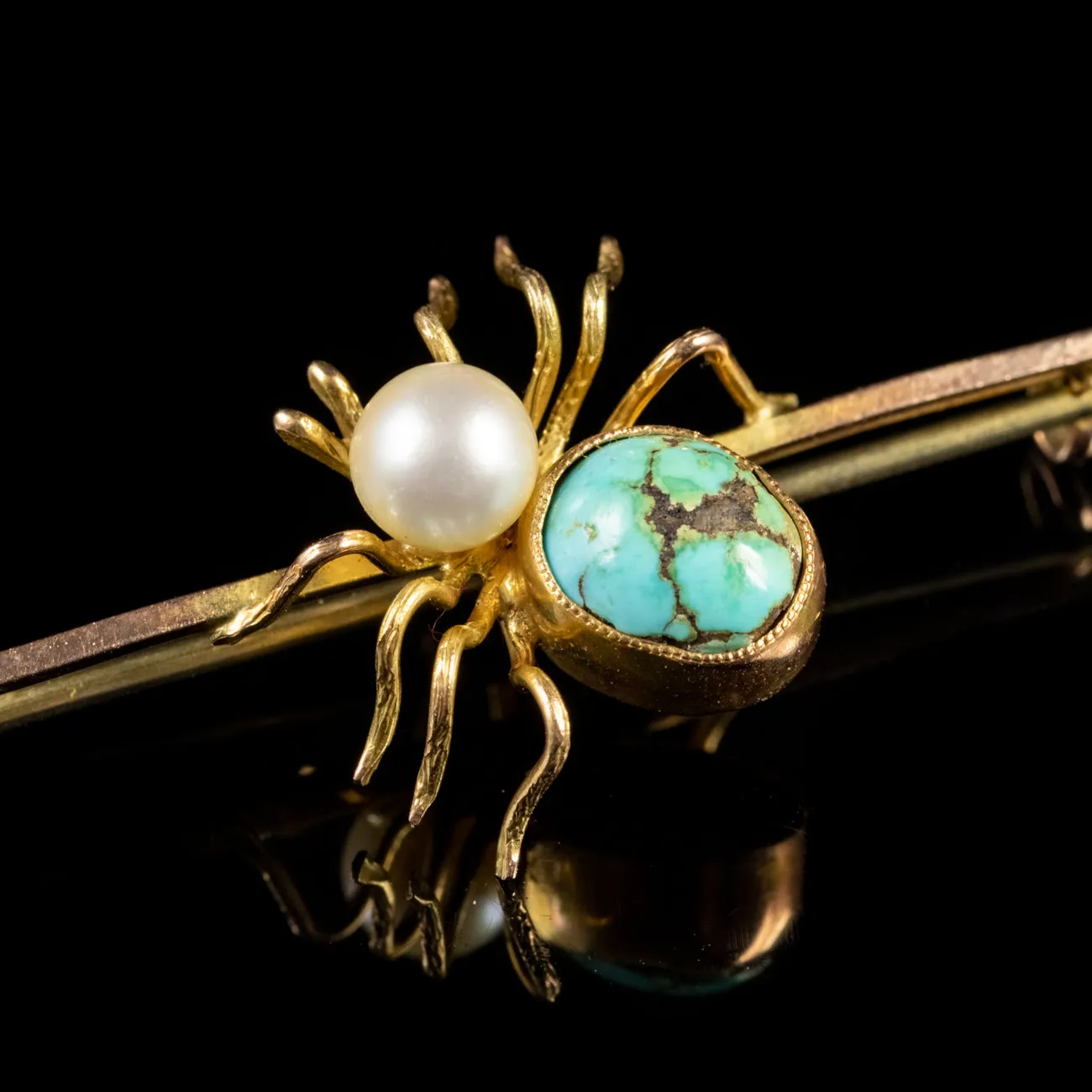 Antique Edwardian Pearl Turquoise Spider Bar Brooch 9ct Gold