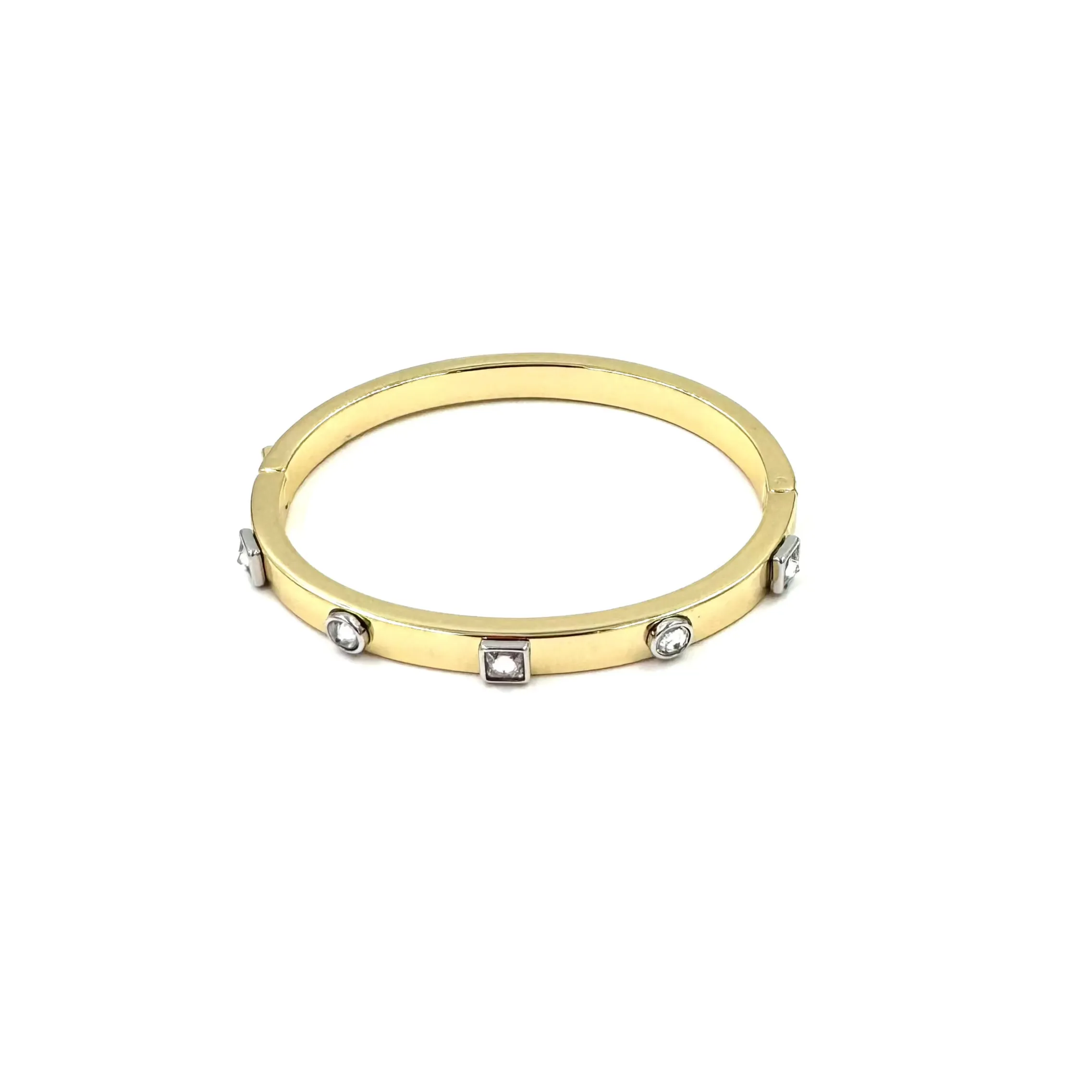 Ashley Gold Stainless Steel Gold Plated Round and Princess Cut Bezel Set Bangle Bracelet