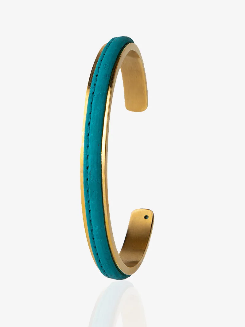 Azure Sunburst: Adjustable Cuff Bracelet with Teal Cork Bark and Gold Cuff