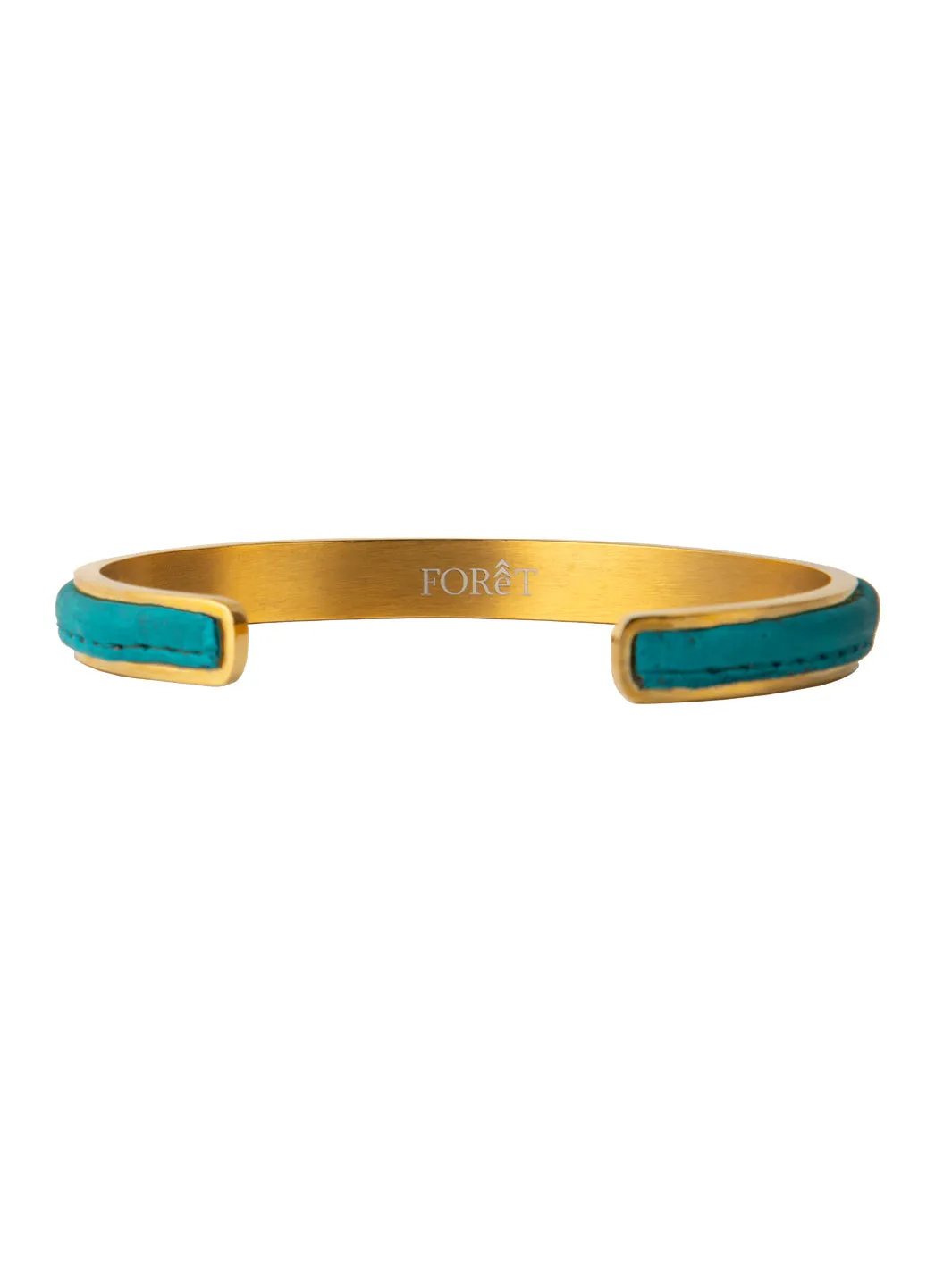 Azure Sunburst: Adjustable Cuff Bracelet with Teal Cork Bark and Gold Cuff