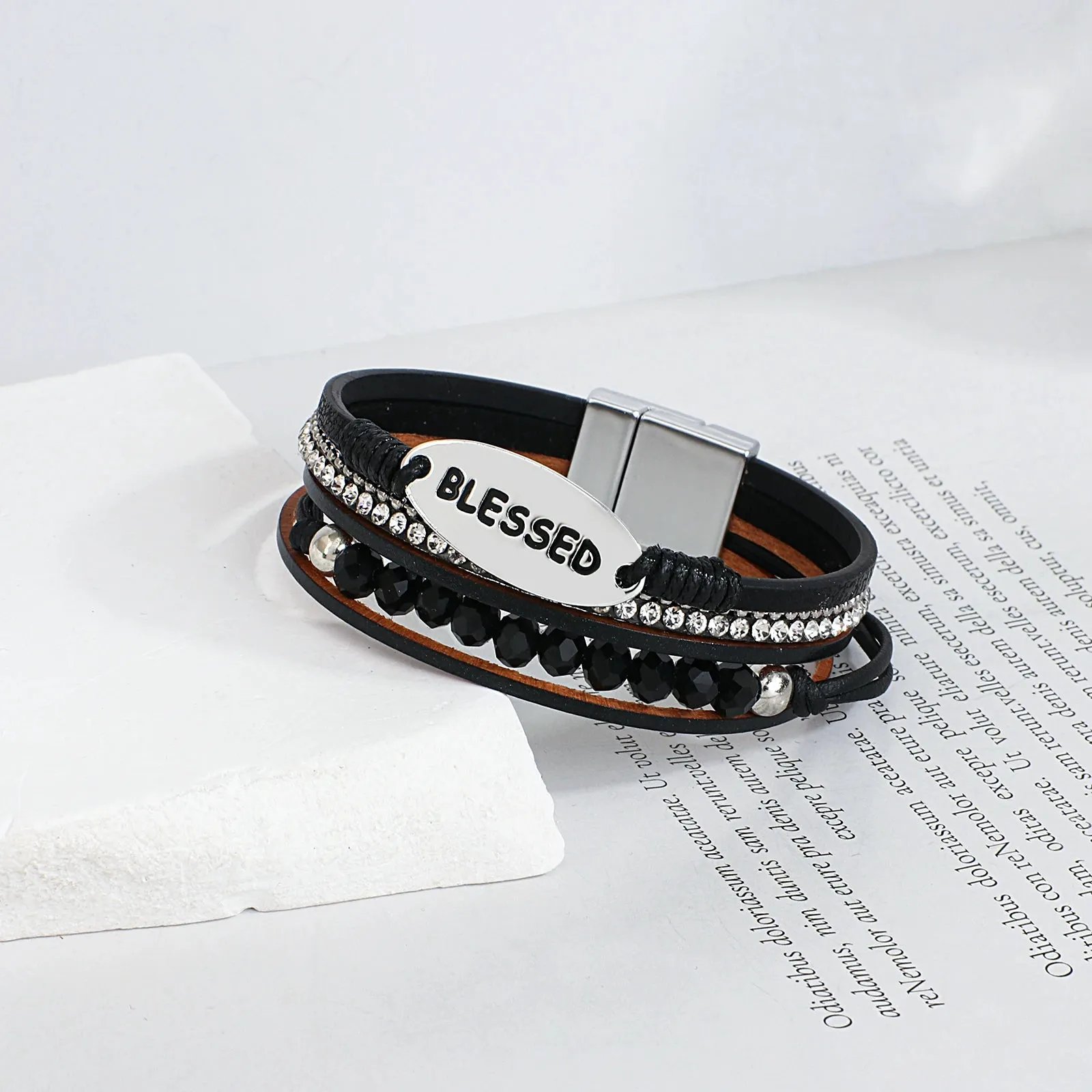 'Blessed' Charm Cuff Bracelet - black