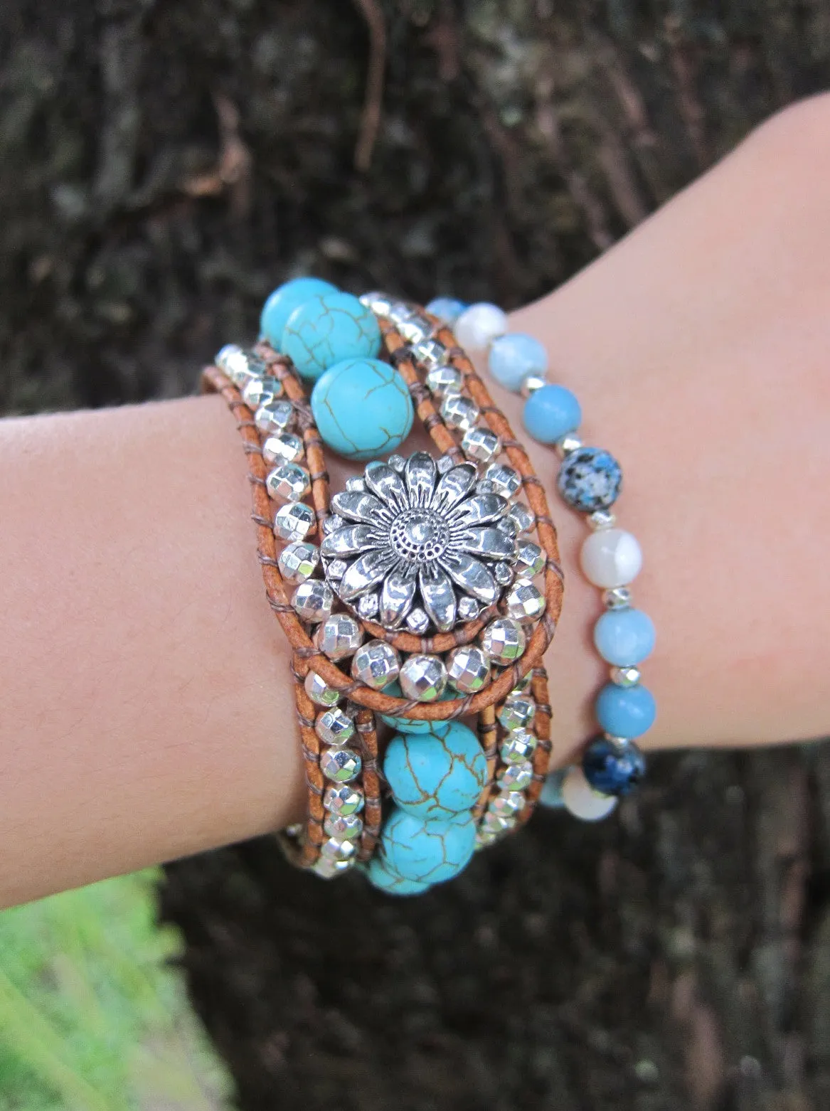 Boho Chic Southwest Turquoise Daisy Leather Cuff Bracelet