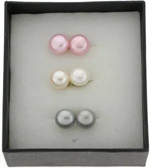 Button Freshwater Pearl Stud Earrings Set - Pink, White and Grey (SKU: 191629)