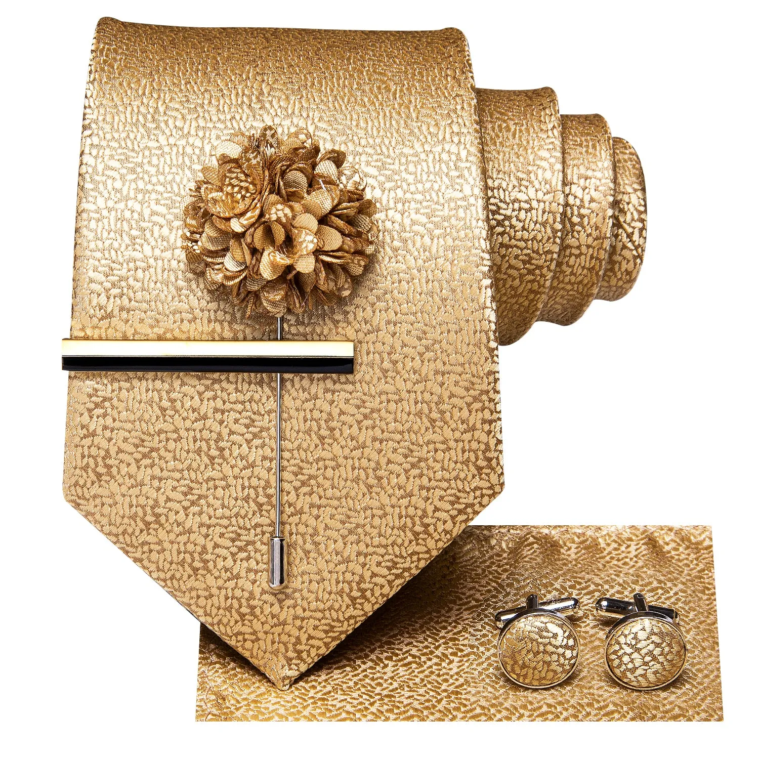 Champagne Golden Solid Men's Tie Pocket Square Cufflinks Set with Brooch