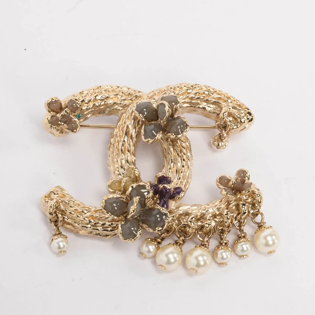 Chanel Light Gold Gripoix Flower & Pearl CC Brooch