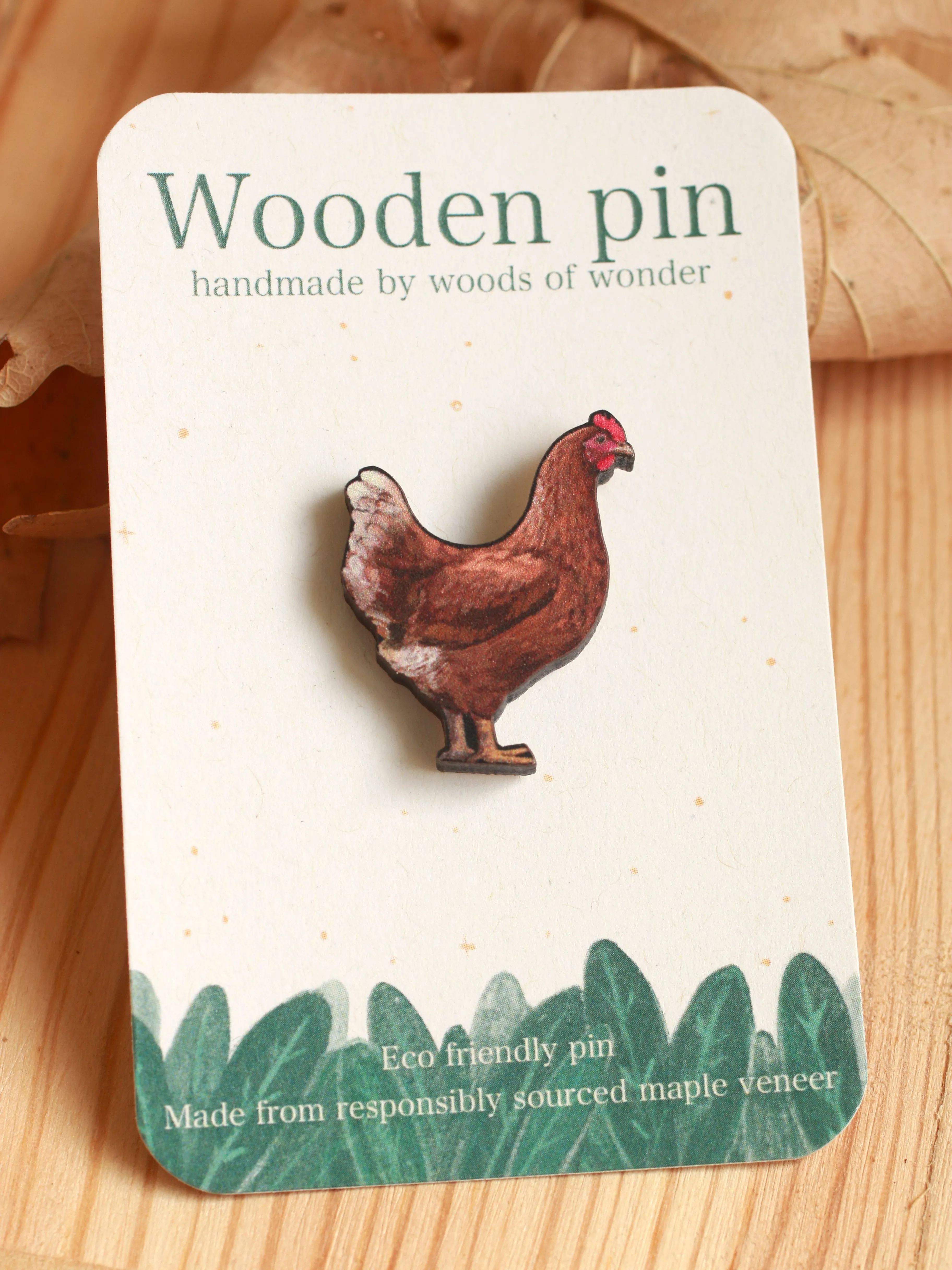 Chicken pin - wooden hen brooch