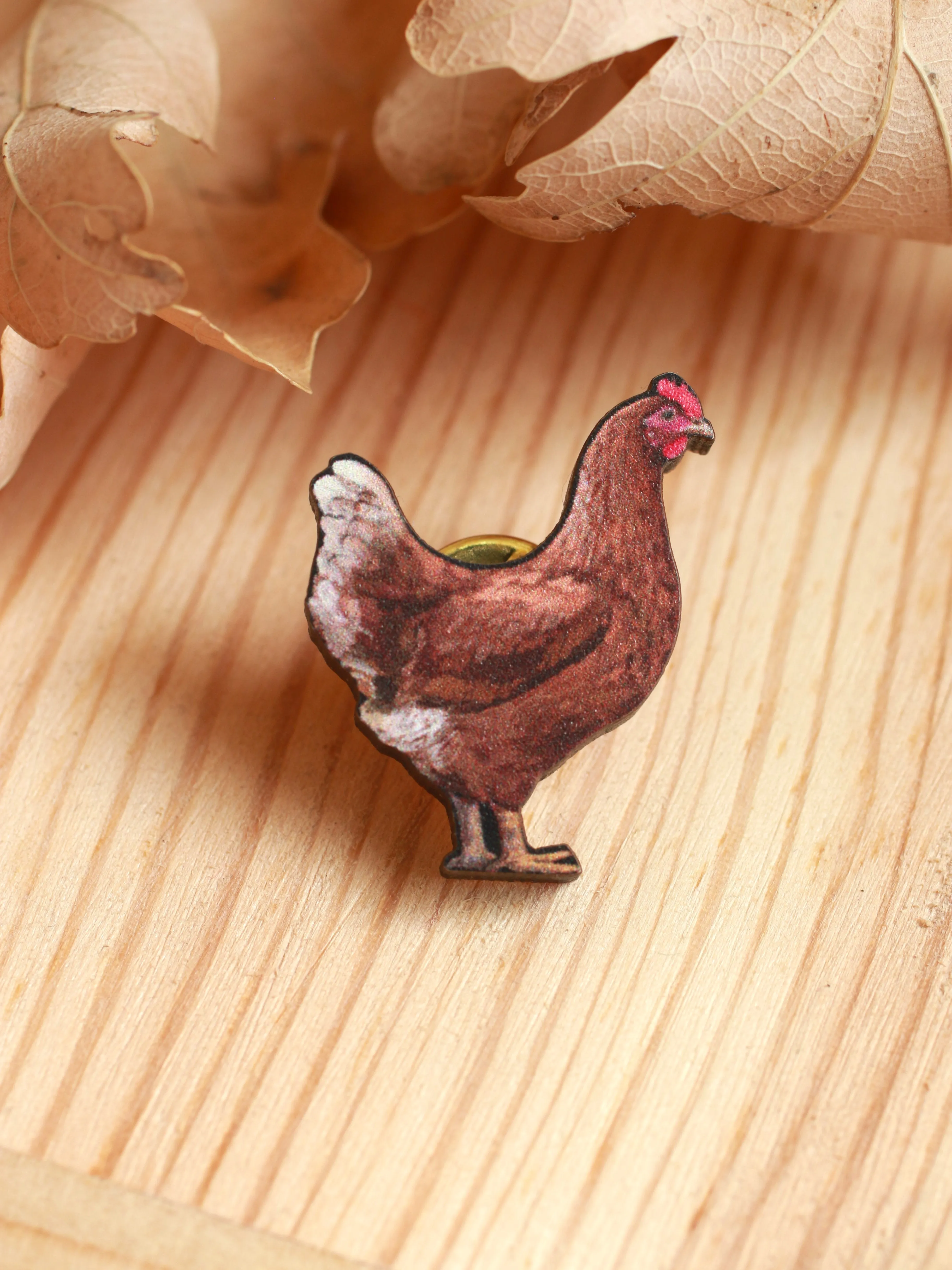 Chicken pin - wooden hen brooch