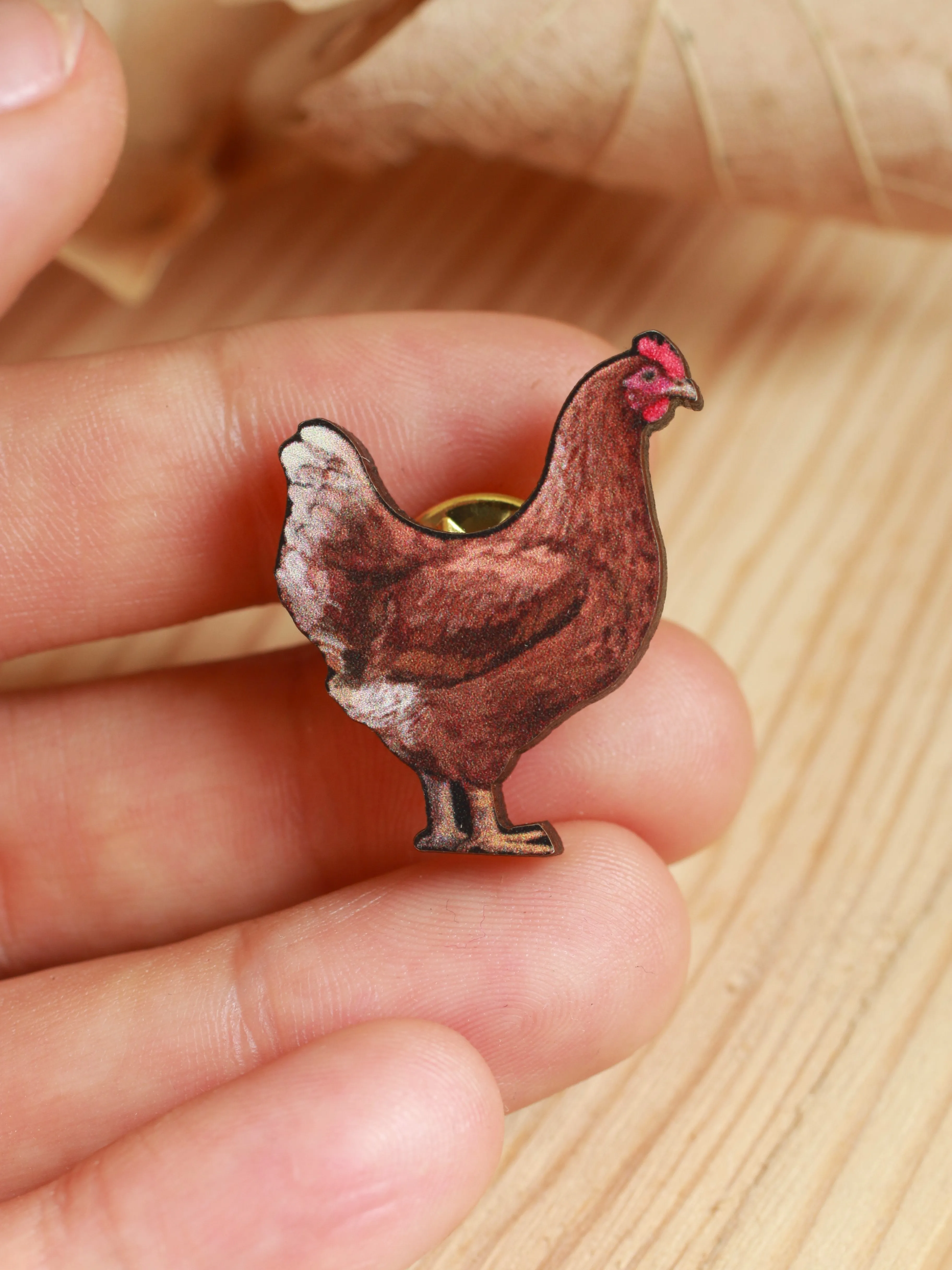 Chicken pin - wooden hen brooch