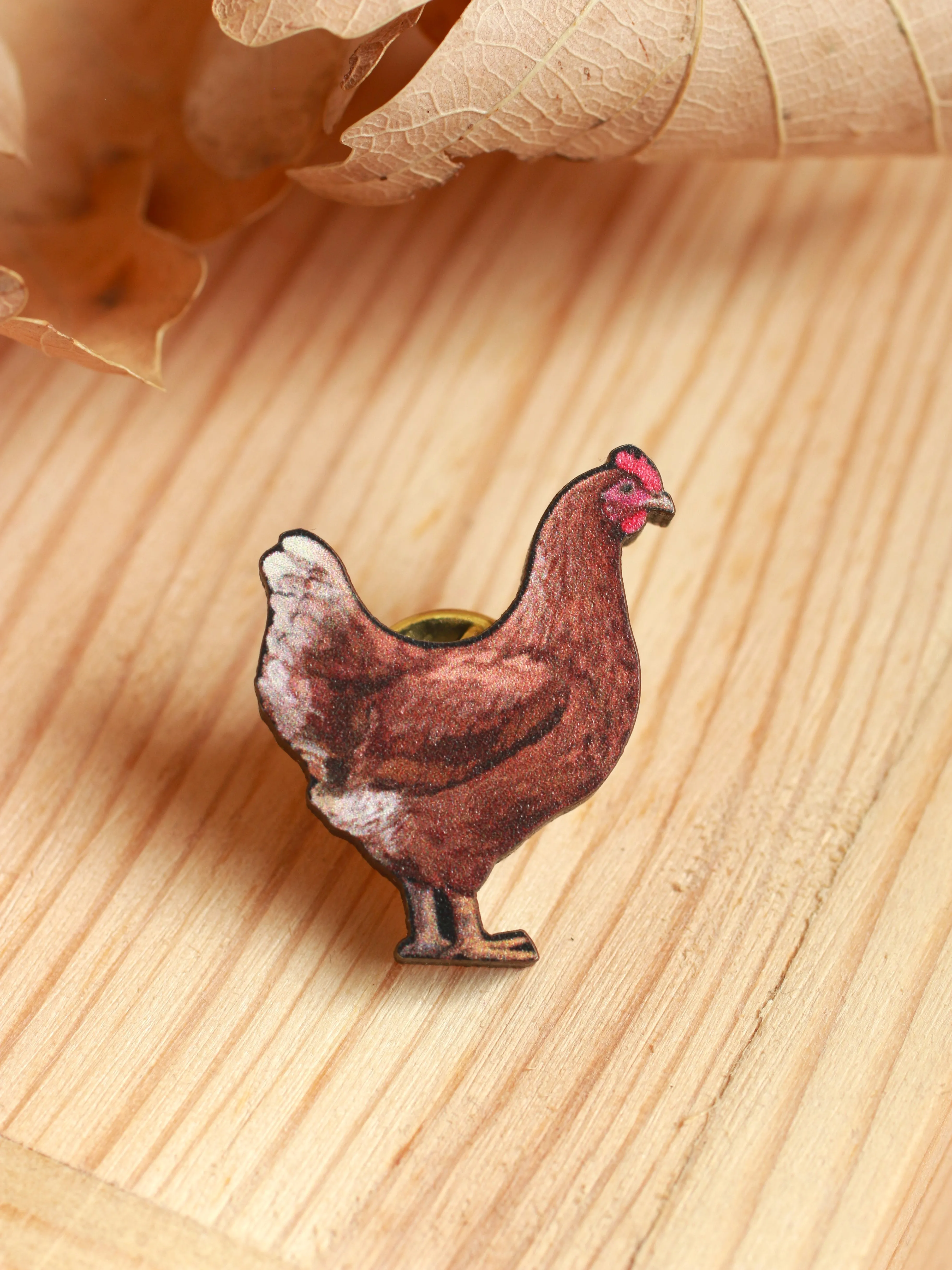 Chicken pin - wooden hen brooch