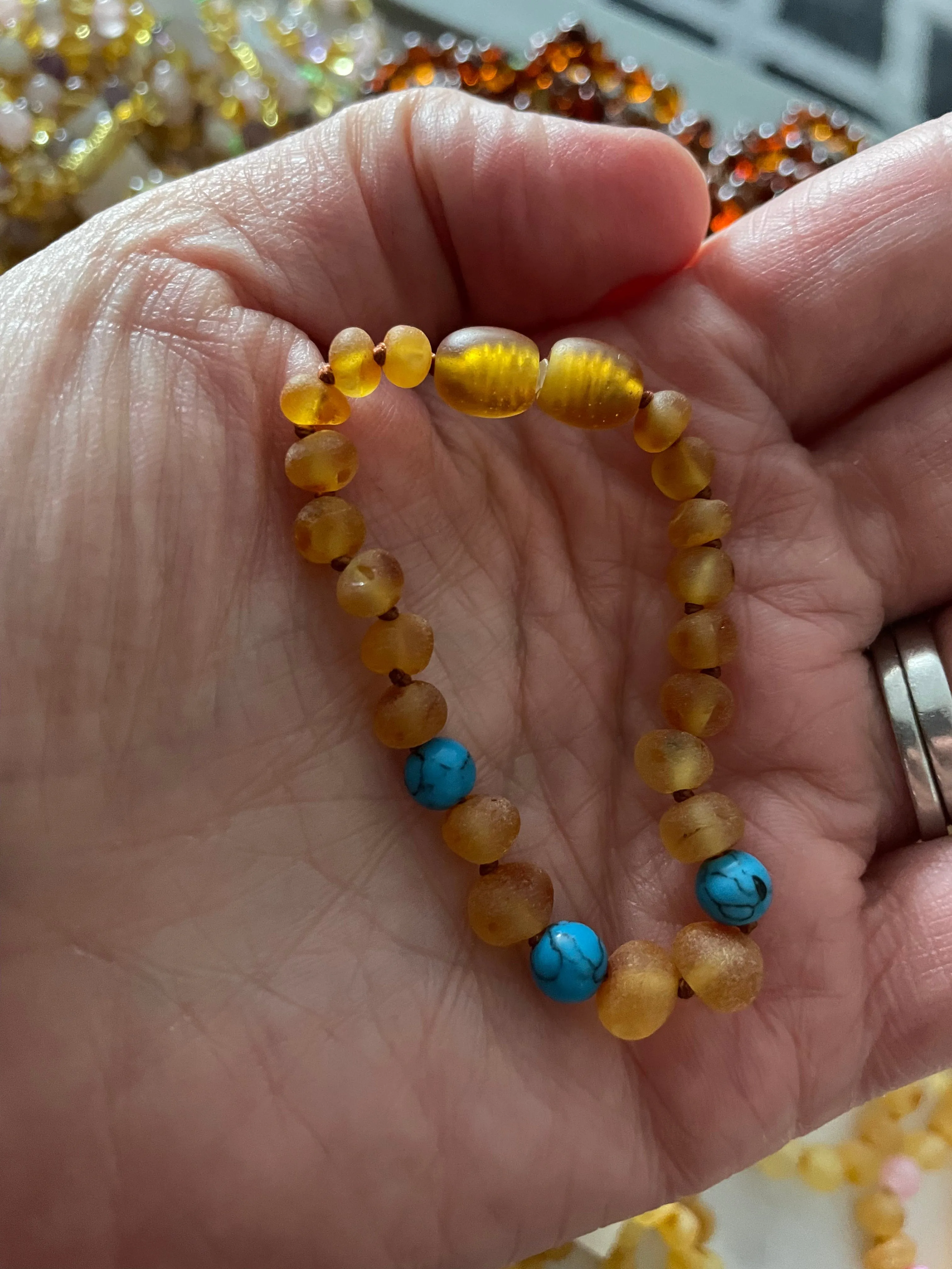 Child Bluebird Raw Honey Blue Turquoise Howlite Beads Baltic Amber Anklet Bracelet