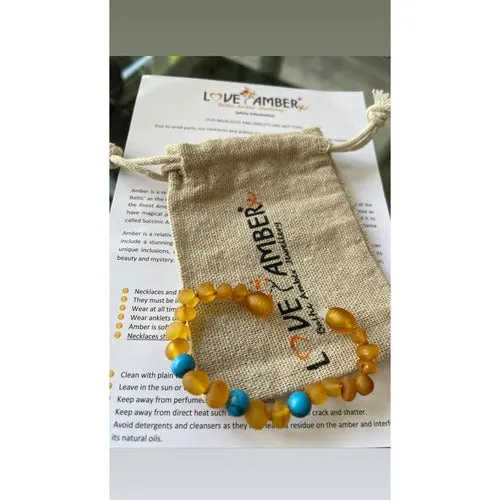 Child Bluebird Raw Honey Blue Turquoise Howlite Beads Baltic Amber Anklet Bracelet