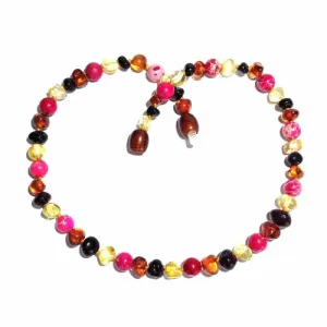 Child Cherry Bomb Pink Jasper Rainbow Baltic Amber Necklace