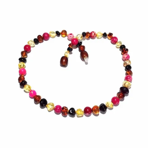 Child Cherry Bomb Pink Jasper Rainbow Baltic Amber Necklace