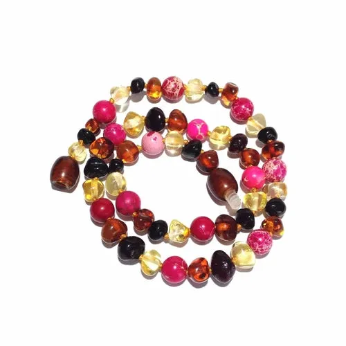 Child Cherry Bomb Pink Jasper Rainbow Baltic Amber Necklace