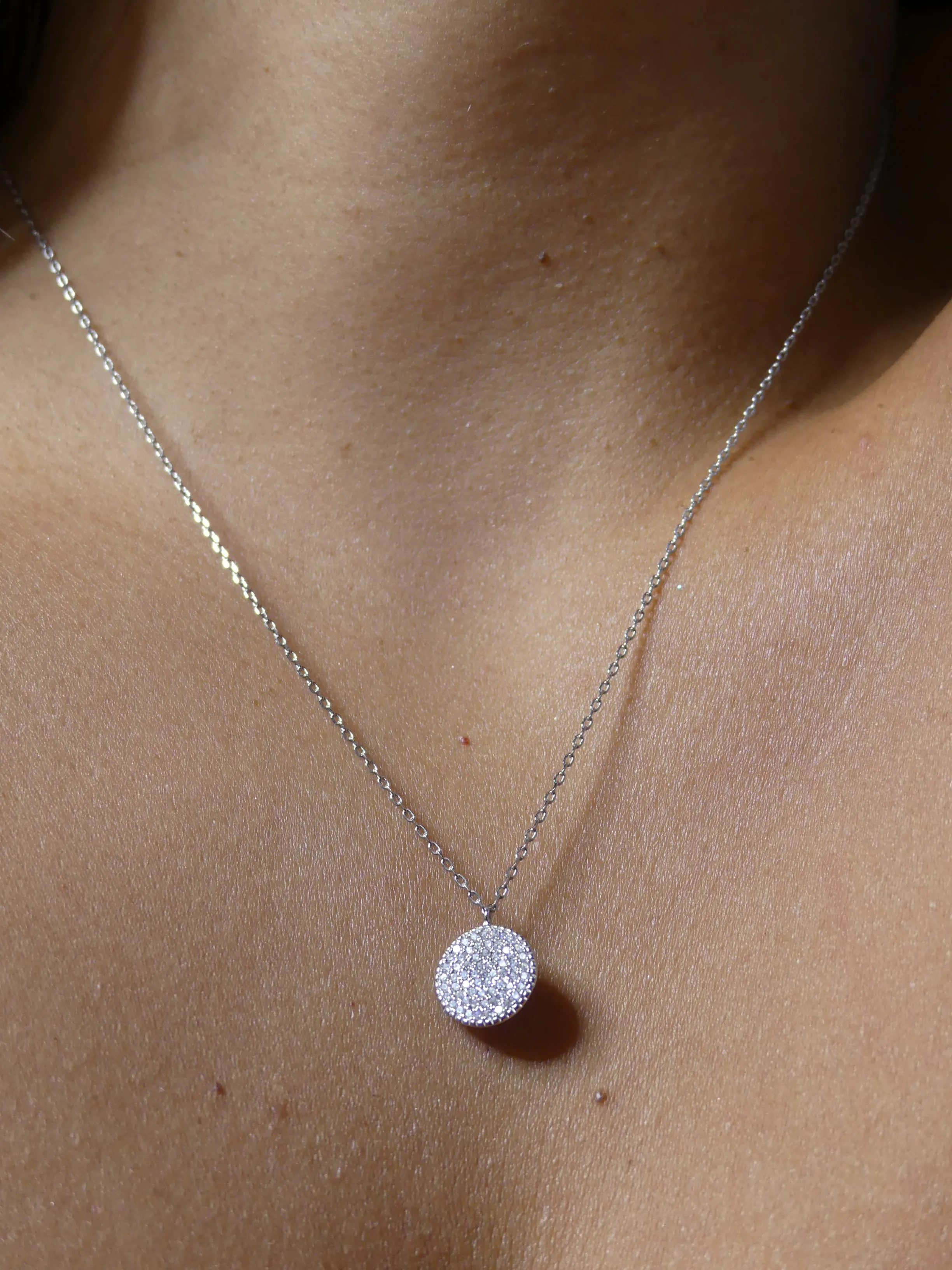 Circle Coin Necklace, Pave Diamond Cubic Zirconia .925 Sterling Silver Necklace