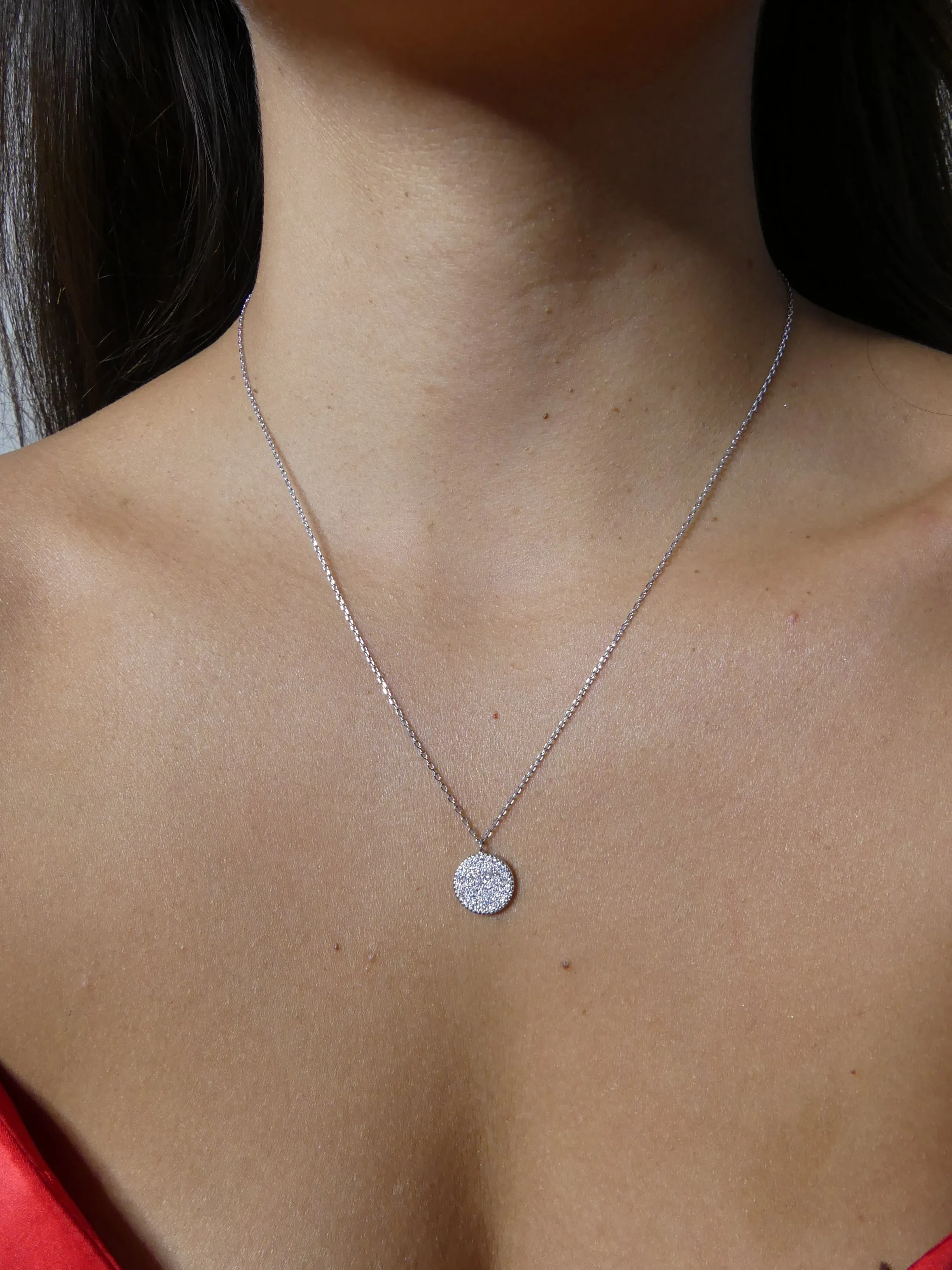 Circle Coin Necklace, Pave Diamond Cubic Zirconia .925 Sterling Silver Necklace