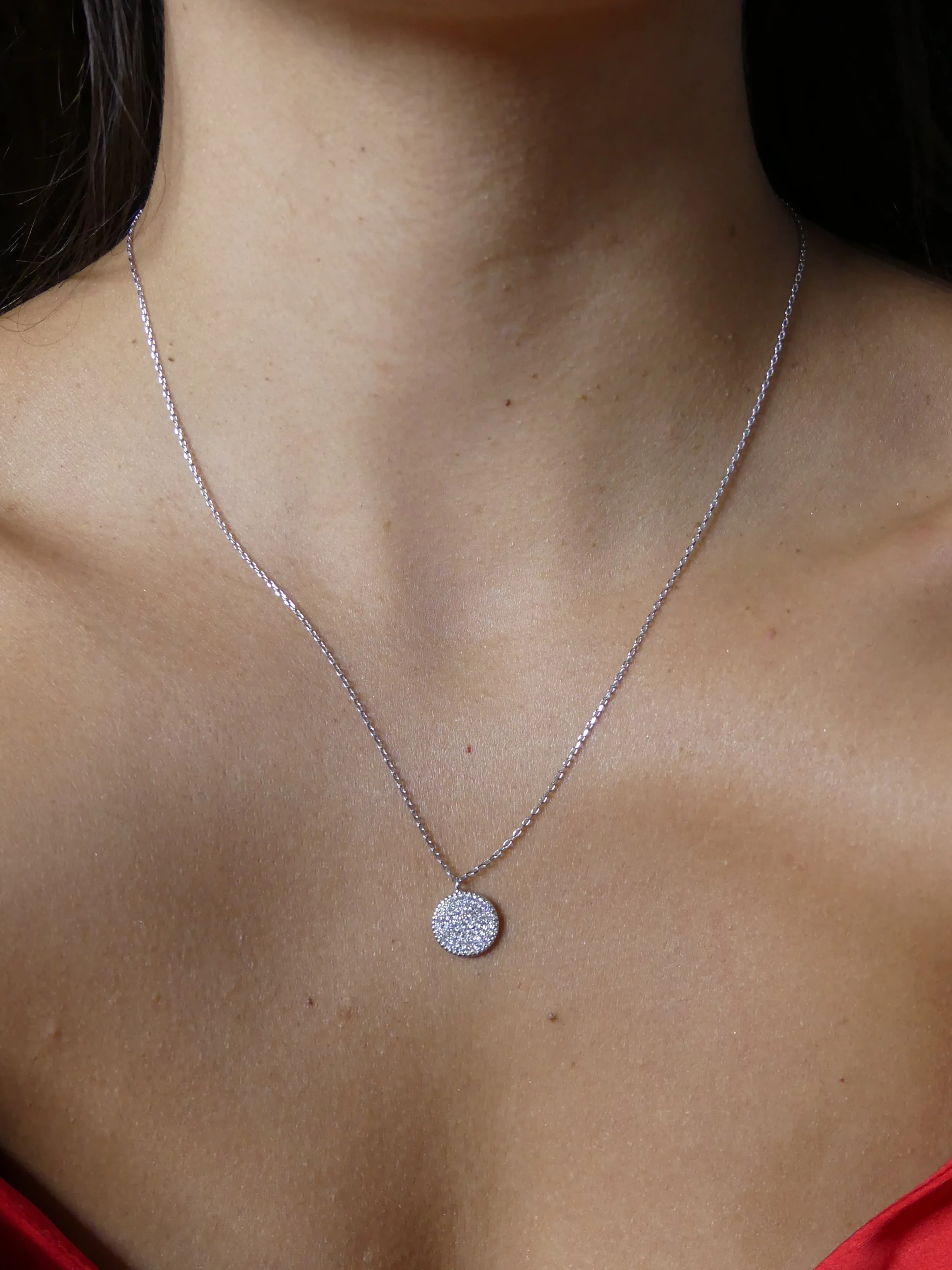 Circle Coin Necklace, Pave Diamond Cubic Zirconia .925 Sterling Silver Necklace