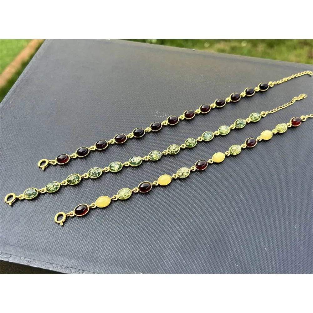 Classic 925 Sterling Silver Gold Plated with 22 Carat Gold 19 cm   4.5 cm Link Bracelet set with Genuine Baltic Amber Gemstones - MG501