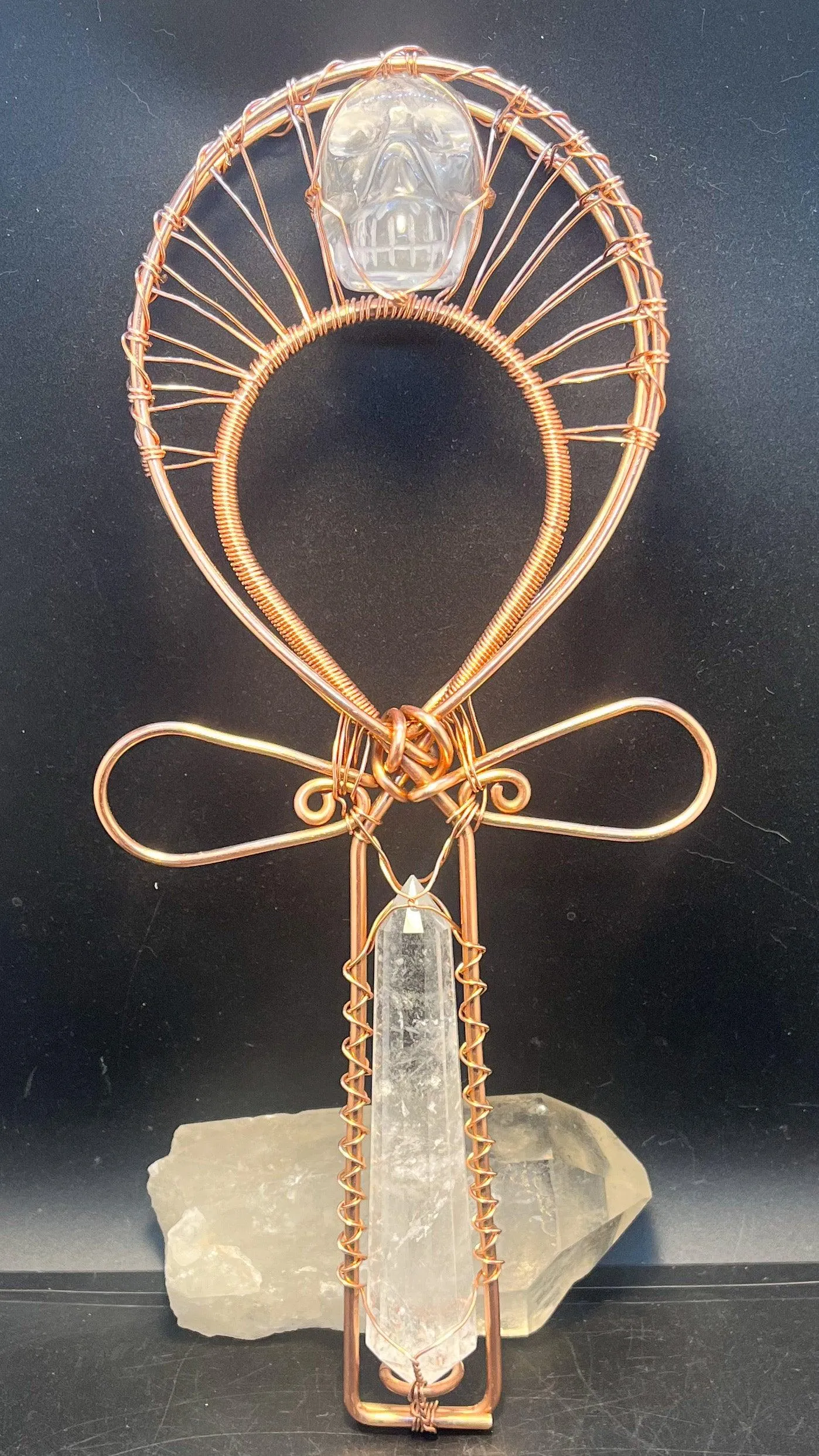 Clear Quartz Vogel Crystal and Crystal Skull Handheld Copper Ankh