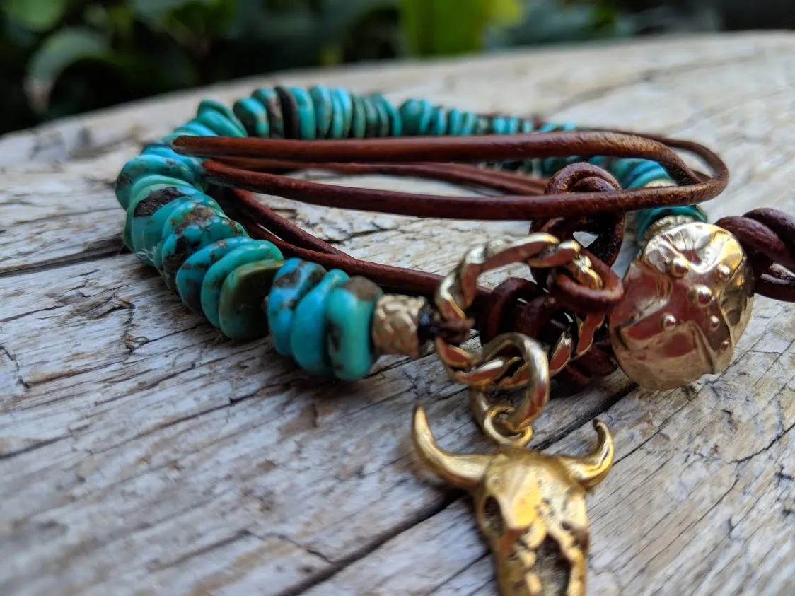 Cow Skull Natural Turquoise Leather Wrap Bracelet - Necklace 2in1