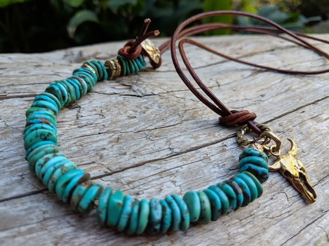 Cow Skull Natural Turquoise Leather Wrap Bracelet - Necklace 2in1